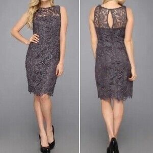 Adrianna Papell Illusion Neck Lace Sleeveless Charcoal Gray Sheath Dress Size 8